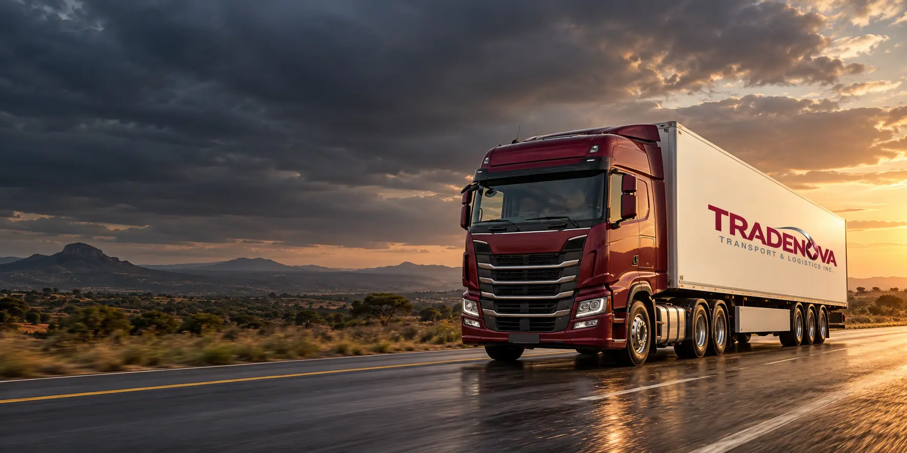 Illustration of a Tradenova branded truck on the road.